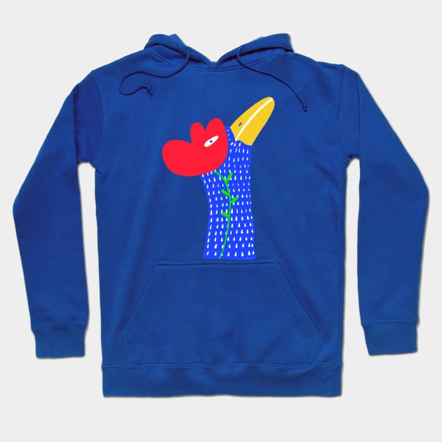 Blue funny bird with red flower, version 1 Hoodie by iulistration